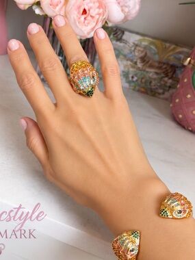 Kurt Geiger Jewelry ~ Gold-Tone Multicolor gems double eagle Bracelet + Ring 8